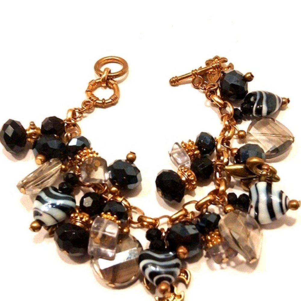 Vintage Sparkle Bead, Stripe Heart, Fleur-De-li Gold Chain Bracelet